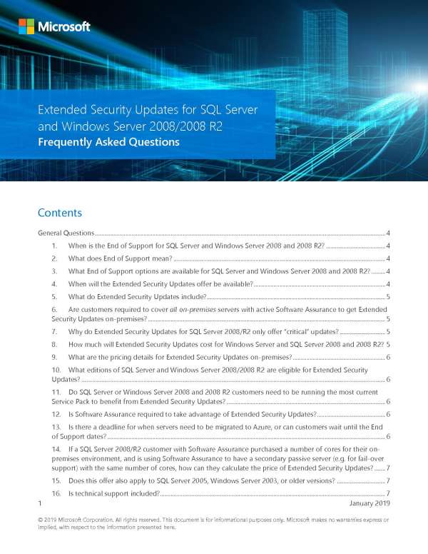 FAQ sur les mises à jour de sécurité étendues WS + SQL 2008